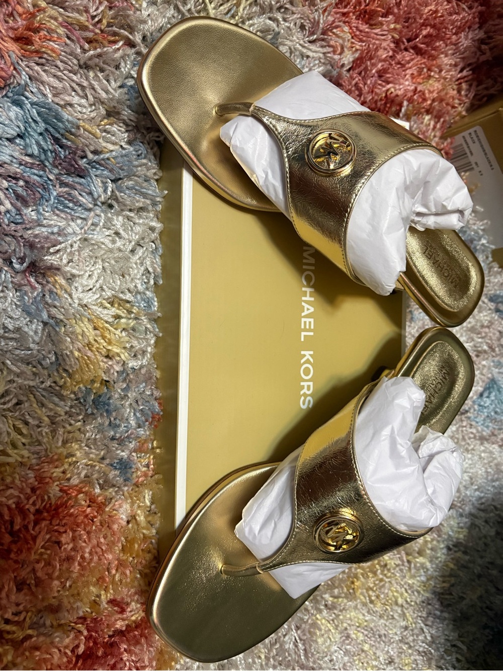 Michael Kors Metallic Gold Thong Sandals with Logo Medallion